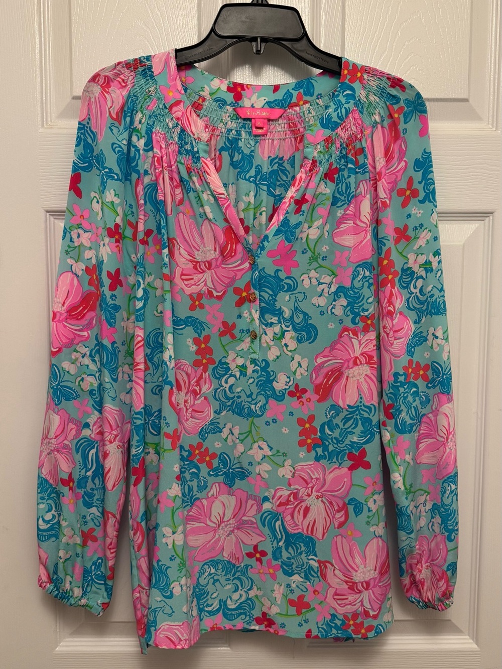 Lilly Pulitzer Pink & Aqua Floral Peasant Top